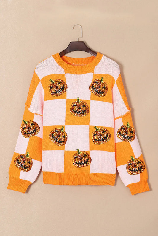 Sequin Pumpkin Checkered Sweater