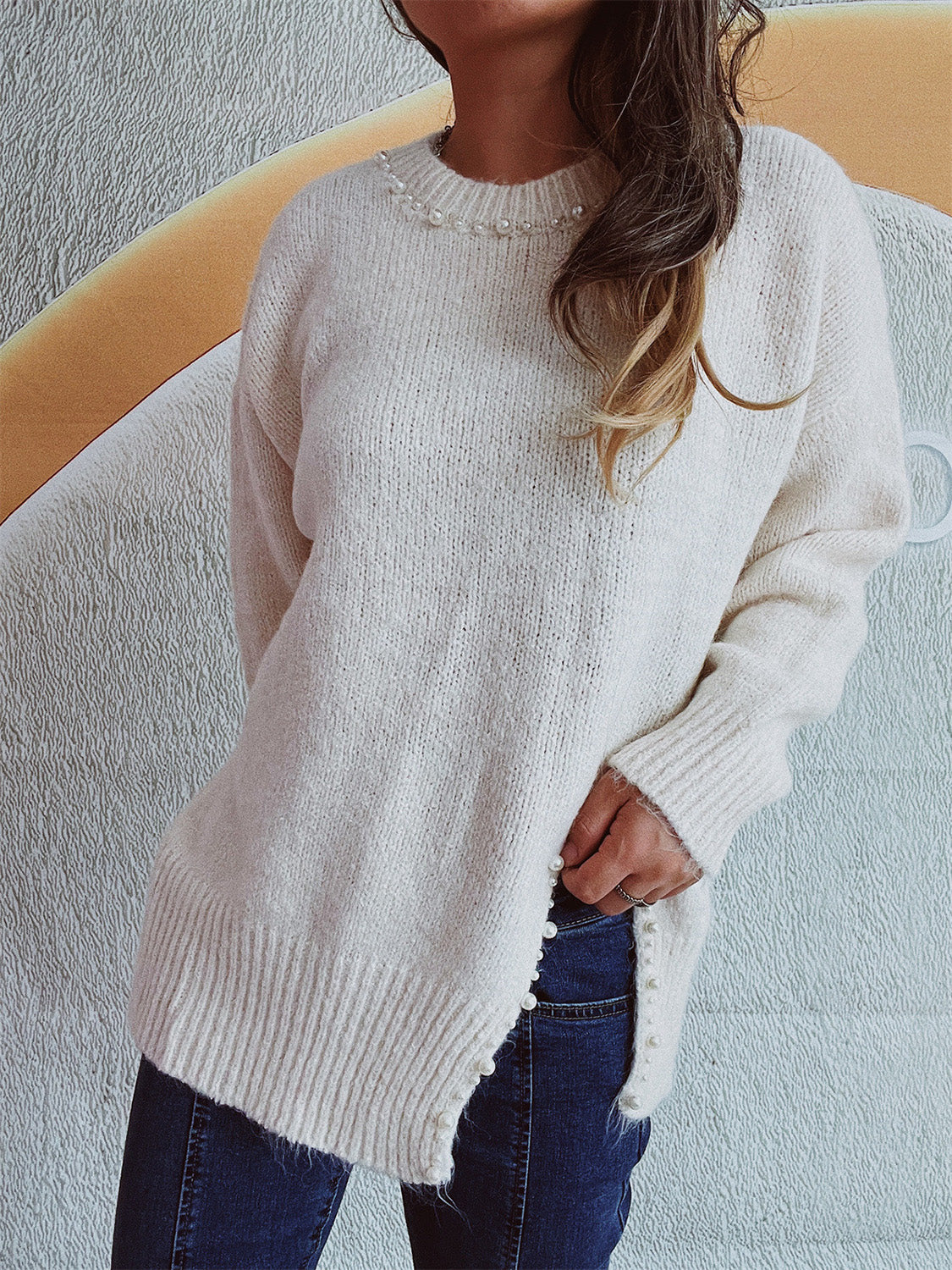 Slit Pearled Sweater