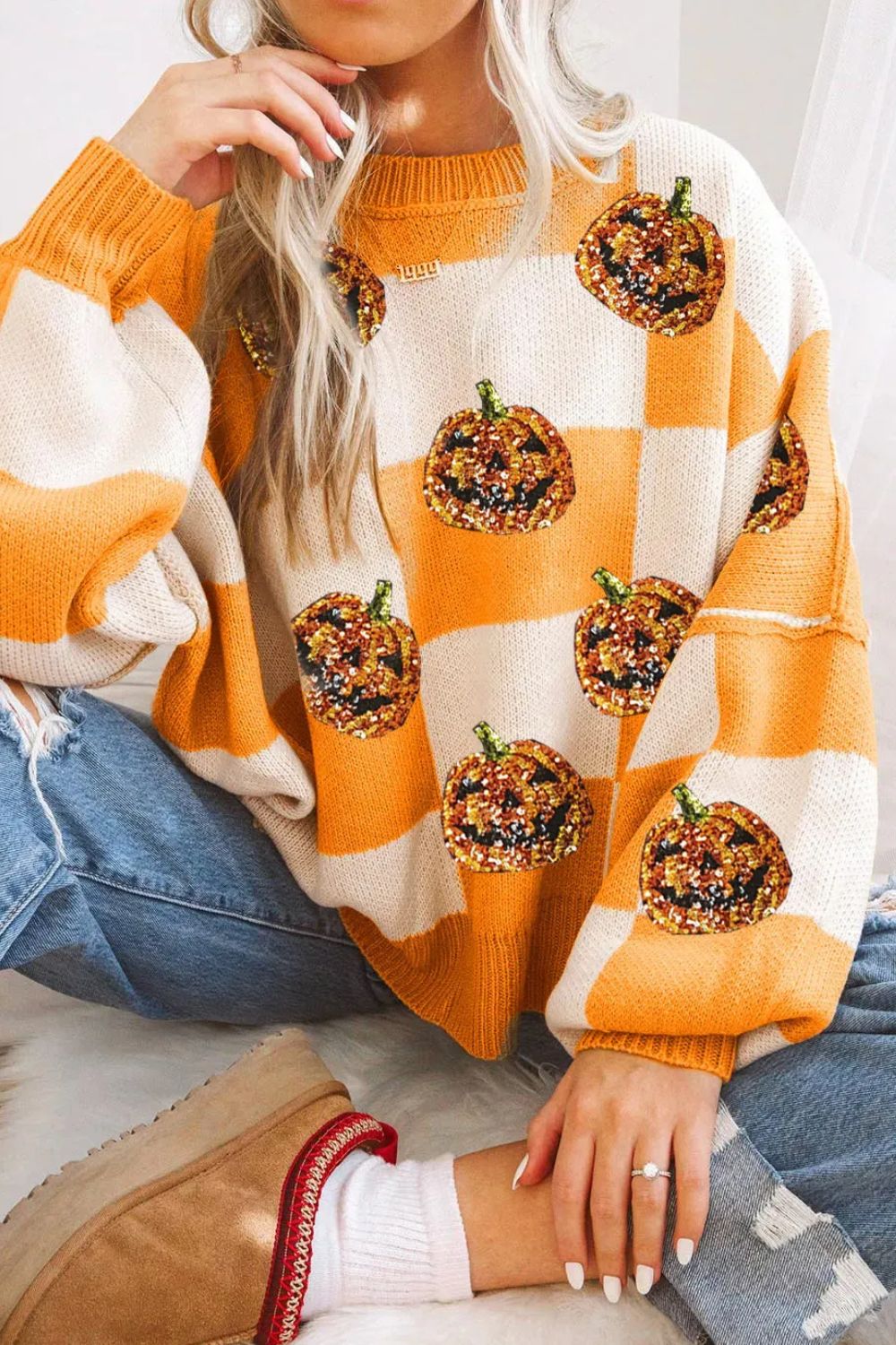 Sequin Pumpkin Checkered Sweater