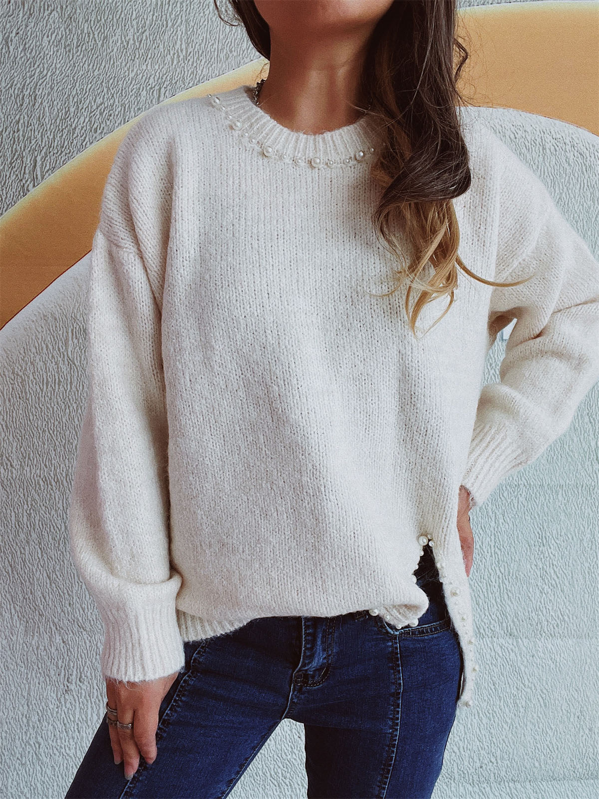 Slit Pearled Sweater