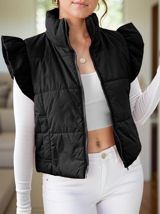 Pocketed Zip Up Cap Sleeve Jacket