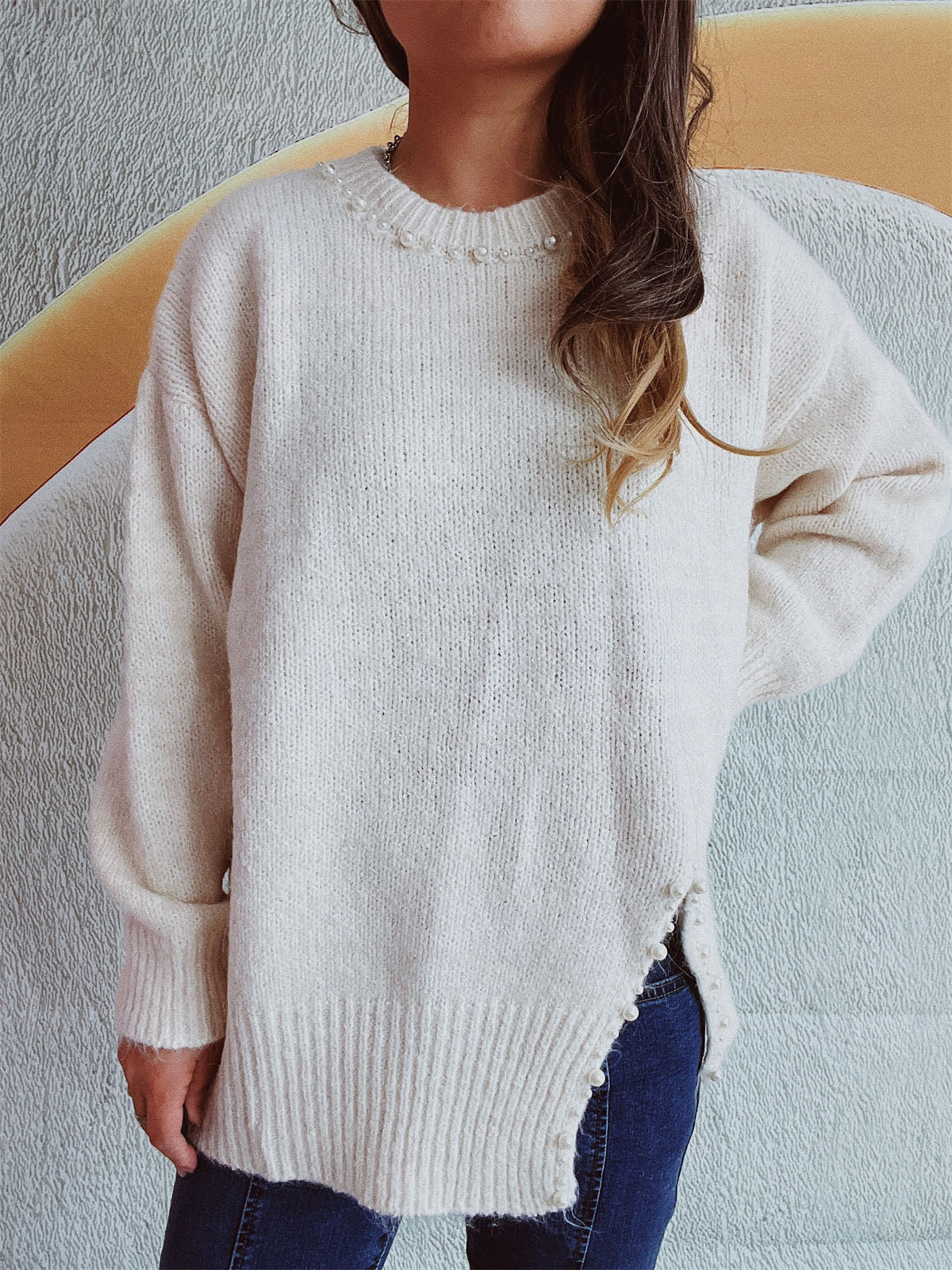 Slit Pearled Sweater