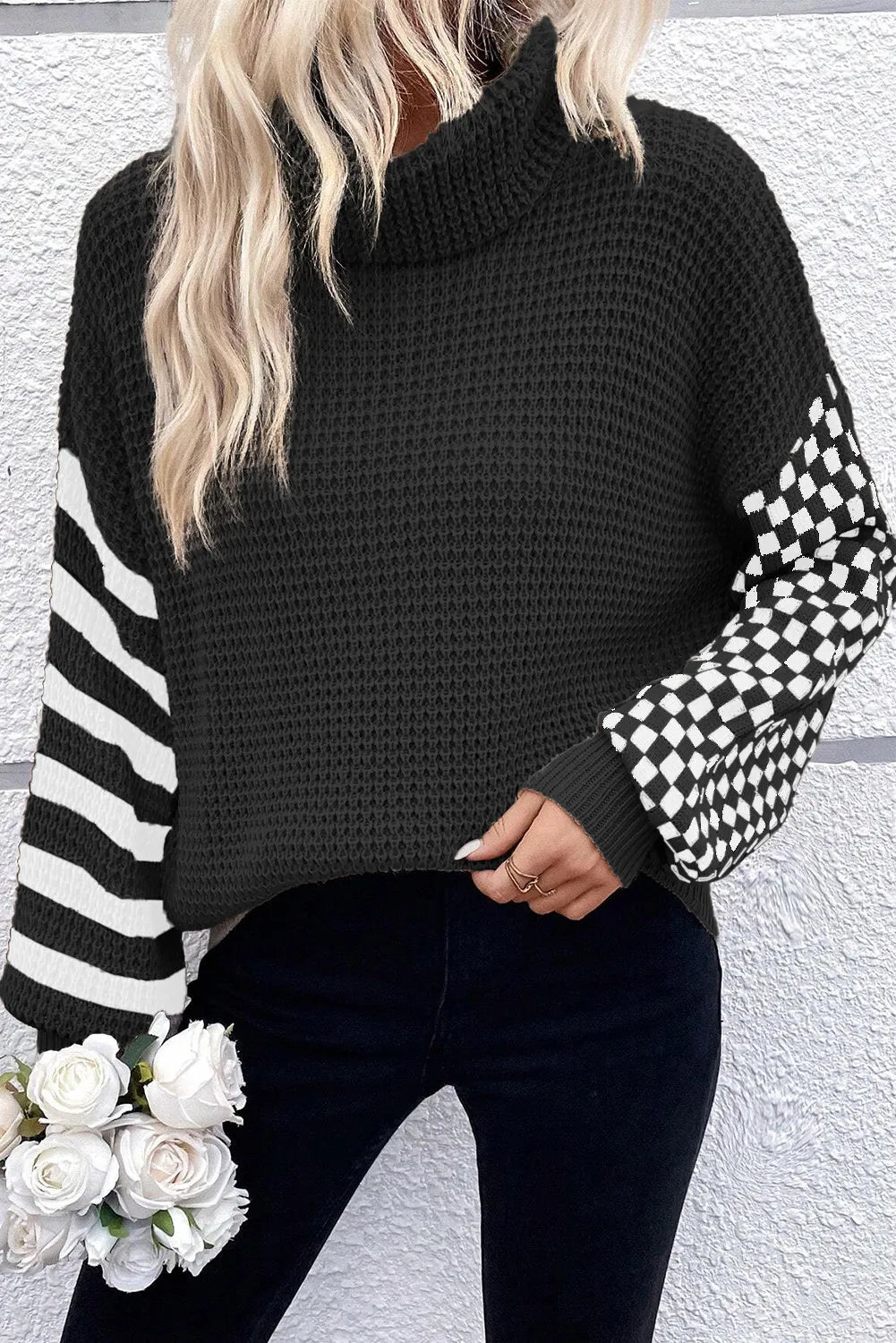 Betty's Checkered and Striped Turtleneck Sweater